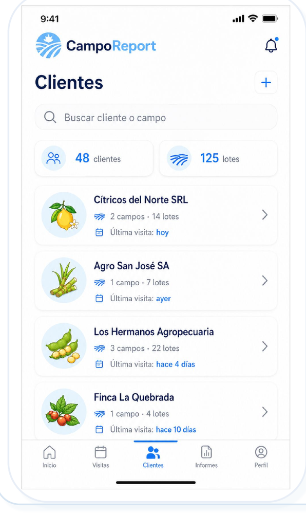 Captura de pantalla de clientes en AgroReport