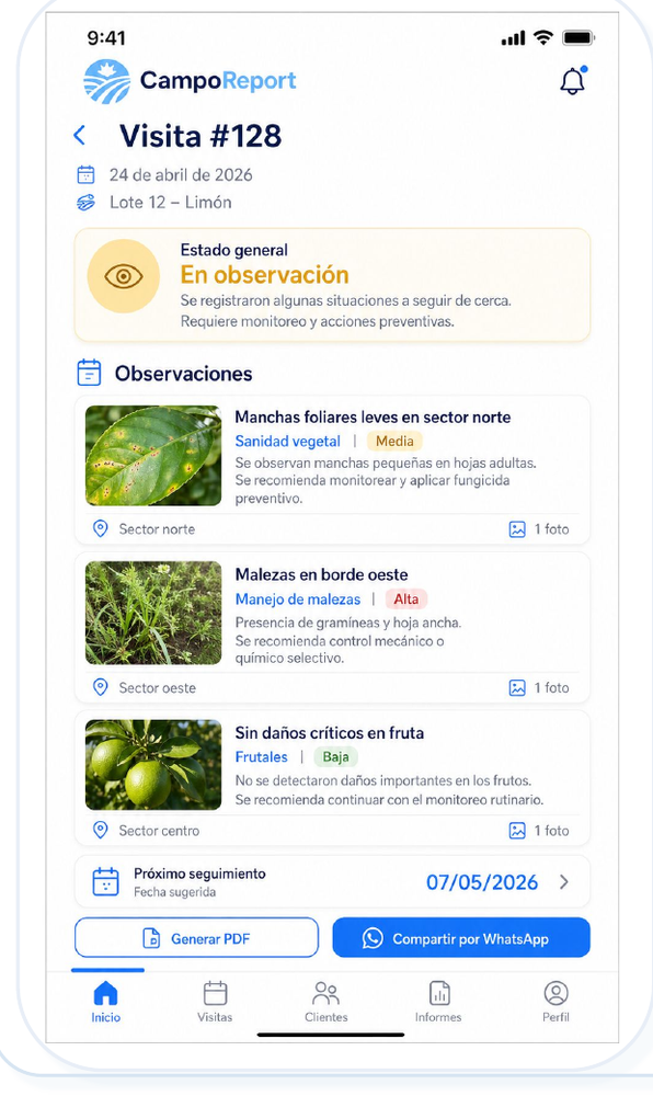 Captura de pantalla del detalle de visita en AgroReport