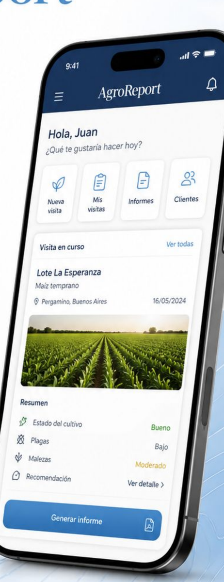 Vista previa mobile de AgroReport mostrando una visita de campo