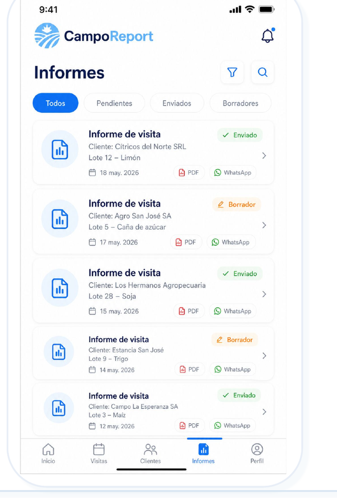 Captura de pantalla de informes en AgroReport