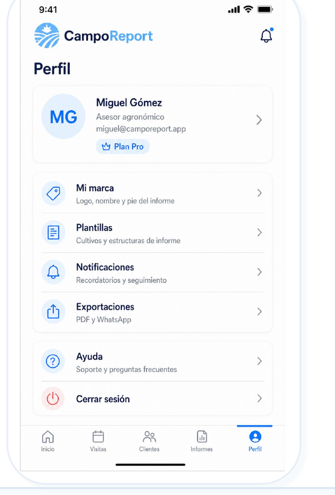 Captura de pantalla de perfil y configuración en AgroReport