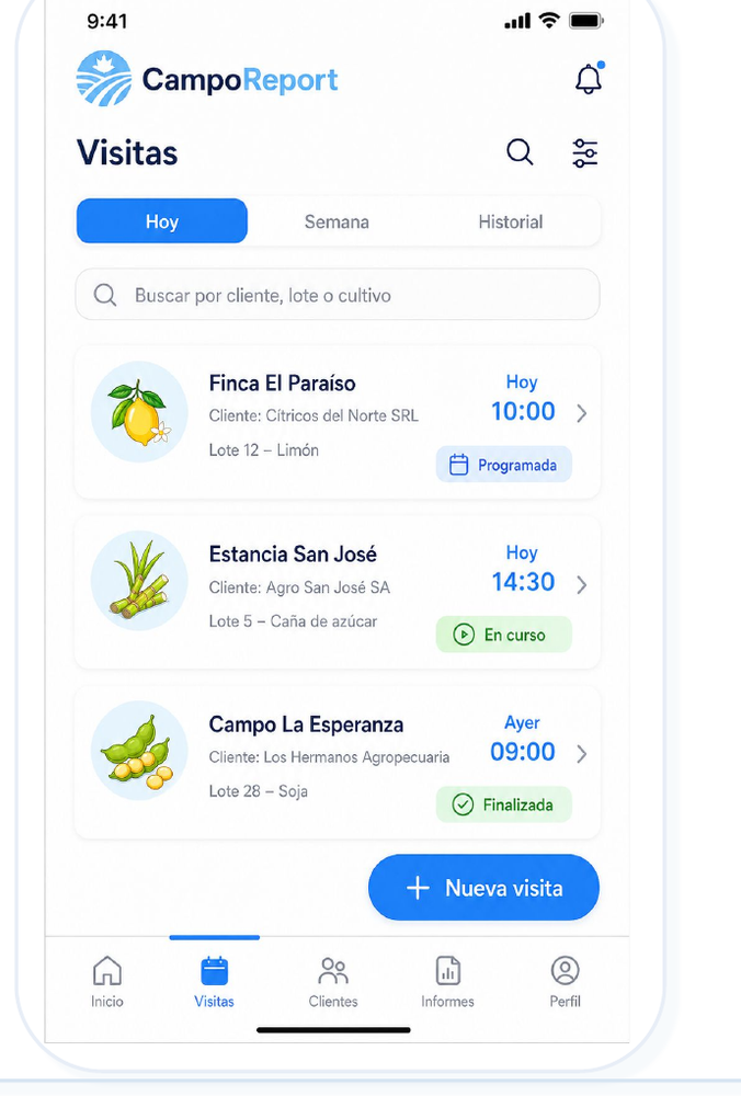 Captura de pantalla de visitas en AgroReport